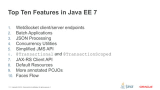 Copyright © 2012, Oracle and/or its affiliates. All rights reserved.6
Top Ten Features in Java EE 7
1. WebSocket client/se...