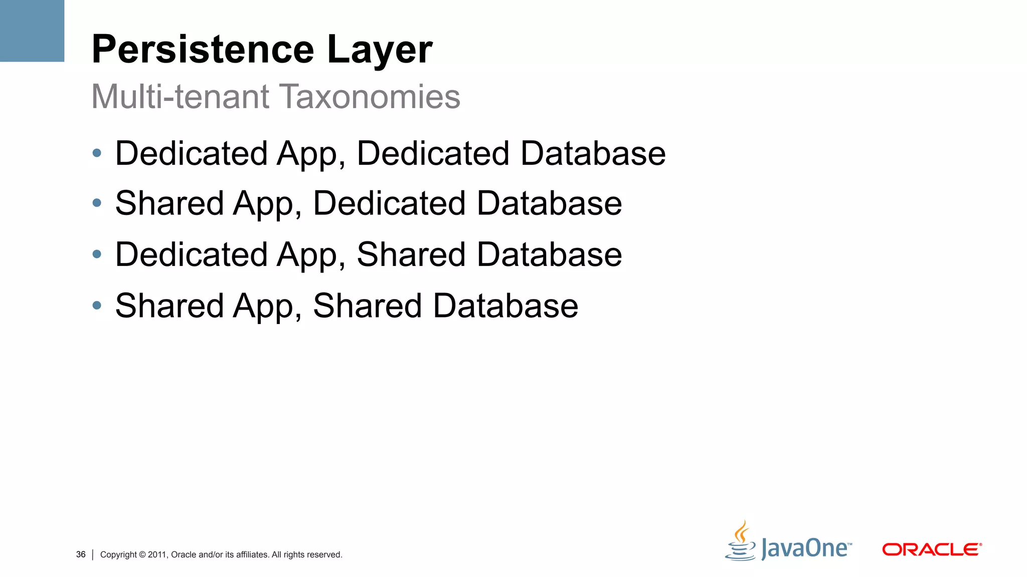 Persistence Layer
     Multi-tenant Taxonomies
     •  Dedicated App, Dedicated Database
     •  Shared App, Dedicated Database
     •  Dedicated App, Shared Database
     •  Shared App, Shared Database




36   Copyright © 2011, Oracle and/or its affiliates. All rights reserved.
 