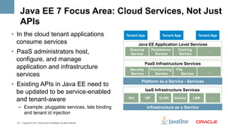 Java EE 7 Focus Area: Cloud Services, Not Just
       APIs
•  In the cloud tenant applications                                           Tenant App               Tenant App             Tenant App

   consume services                                                                   Java EE Application Level Services
                                                                                Queuing          Persistence      Caching
•  PaaS administrators host,                                                    Service            Service        Service
                                                                                                                                  …

   configure, and manage
                                                                                           PaaS Infrastructure Services
   application and infrastructure                                               Security         Provisioning    File
                                                                                                                                  …
   services                                                                     Service             Service         Service

                                                                                       Platform as a Service - Services
•  Existing APIs in Java EE need to
                                                                                           IaaS Infrastructure Services
   be updated to be service-enabled
   and tenant-aware                                                            Virt        VIP       VLAN       Volume      LBR       …

   –  Example: pluggable services, late binding                                             Infrastructure as a Service
      and tenant id injection
  10   Copyright © 2011, Oracle and/or its affiliates. All rights reserved.
 