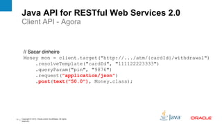 Java API for RESTful Web Services 2.0
     Client API - Agora


       // Sacar dinheiro
       Money mon = client.target("http://.../atm/{cardId}/withdrawal")
             .resolveTemplate("cardId", "111122223333")
             .queryParam("pin", "9876")
             .request("application/json")
             .post(text("50.0"), Money.class);




11   Copyright © 2012, Oracle and/or its affiliates. All rights
     reserved.
 