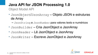 Java API for JSON Processing 1.0
     Object Model API
     • JsonObject/JsonArray – Objeto JSON e estruturas
       de Array
           – JsonString e JsonNumber para valores texto e numéricos
     • JsonBuilder – Cria JsonObject e JsonArray
     • JsonReader – Lê JsonObject e JsonArray
     • JsonWriter – Escreve JsonObject e JsonArray



32   Copyright © 2012, Oracle and/or its affiliates. All rights
     reserved.
 