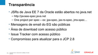 Transparência
      • JSRs de Java EE 7 da Oracle estão abertos no java.net
            – http://javaee-spec.java.net
            – One project per spec – ex: jpa-spec, jax-rs-spec, jms-spec…
      •   Mensagens de email do EG são públicas
      •   Área de download com acesso público
      •   Issue Tracker com acesso público
      •   Compromisso para atualizar para o JCP 2.8



122   Copyright © 2012, Oracle and/or its affiliates. All rights
      reserved.
 
