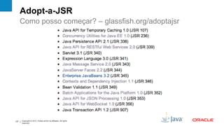 Adopt-a-JSR
      Como posso começar? – glassfish.org/adoptajsr




127   Copyright © 2012, Oracle and/or its affiliates. All rights
      reserved.
 