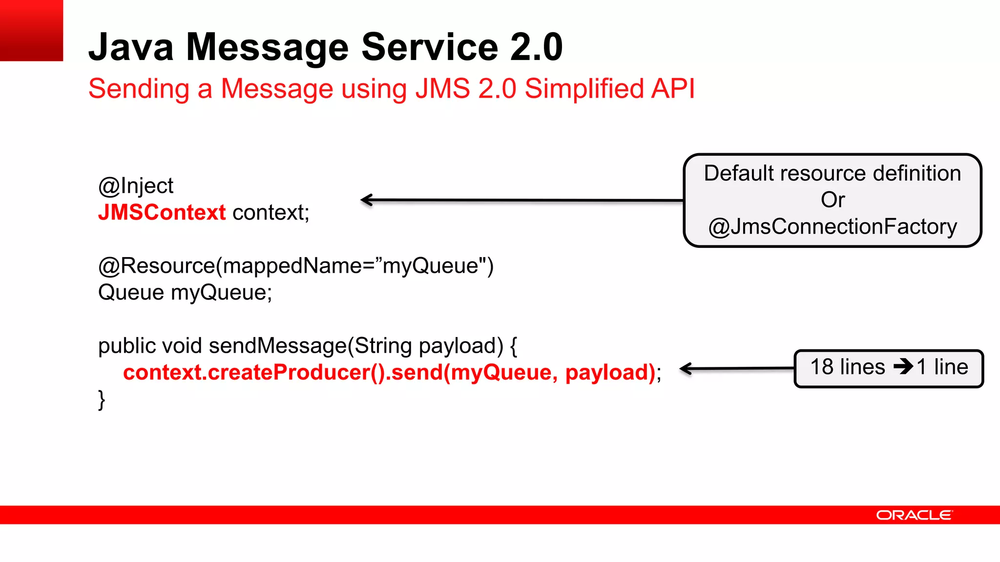 Java Message Service 2.0
Sending a Message using JMS 2.0 Simplified API

                                                     Default resource definition
@Inject
                                                                 Or
JMSContext context;
                                                     @JmsConnectionFactory
@Resource(mappedName=”myQueue")
Queue myQueue;

public void sendMessage(String payload) {
  context.createProducer().send(myQueue, payload);              18 lines 1 line
}
 