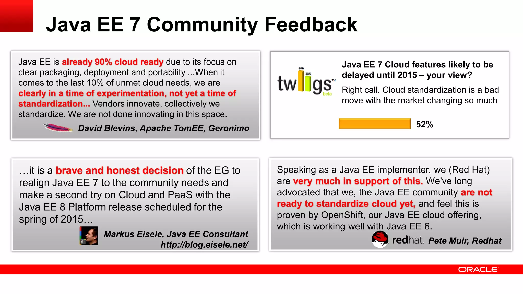Java EE 7 Community Feedback
Java EE is already 90% cloud ready due to its focus on                    Java EE 7 Cloud features likely to be
clear packaging, deployment and portability ...When it                    delayed until 2015 – your view?
comes to the last 10% of unmet cloud needs, we are
clearly in a time of experimentation, not yet a time of                   Right call. Cloud standardization is a bad
standardization... Vendors innovate, collectively we                      move with the market changing so much
standardize. We are not done innovating in this space.
               David Blevins, Apache TomEE, Geronimo                                         52%




…it is a brave and honest decision of the EG to             Speaking as a Java EE implementer, we (Red Hat)
realign Java EE 7 to the community needs and                are very much in support of this. We've long
make a second try on Cloud and PaaS with the                advocated that we, the Java EE community are not
Java EE 8 Platform release scheduled for the                ready to standardize cloud yet, and feel this is
spring of 2015…                                             proven by OpenShift, our Java EE cloud offering,
                                                            which is working well with Java EE 6.
                     Markus Eisele, Java EE Consultant
                                  http://blog.eisele.net/                                        Pete Muir, Redhat
 