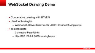WebSocket Drawing Demo


 Cooperative painting with HTML5
 Used technologies
   – WebSocket, Server-Side Events, JSON, JavaScript (Angular.js)
 To participate
   – Connect to Peter7Links
   – http://192.168.0.2:8080/drawingboard/
 