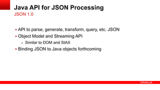 Java API for JSON Processing
JSON 1.0


 API to parse, generate, transform, query, etc. JSON
 Object Model and Streaming API
   – Similar to DOM and StAX
 Binding JSON to Java objects forthcoming
 