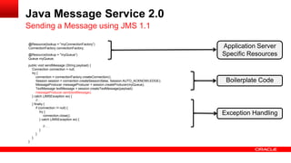 Java Message Service 2.0
Sending a Message using JMS 1.1

@Resource(lookup = "myConnectionFactory”)
ConnectionFactory connectionFactory;                                                 Application Server
@Resource(lookup = "myQueue”)                                                        Specific Resources
Queue myQueue;

public void sendMessage (String payload) {
  Connection connection = null;
  try {
      connection = connectionFactory.createConnection();
      Session session = connection.createSession(false, Session.AUTO_ACKNOWLEDGE);    Boilerplate Code
      MessageProducer messageProducer = session.createProducer(myQueue);
      TextMessage textMessage = session.createTextMessage(payload);
      messageProducer.send(textMessage);
  } catch (JMSException ex) {
      //. . .
  } finally {
      if (connection != null) {
          try {
              connection.close();
                                                                                     Exception Handling
          } catch (JMSException ex) {

                //. . .
            }
        }
    }
}
 