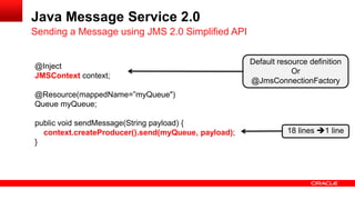 Java Message Service 2.0
Sending a Message using JMS 2.0 Simplified API

                                                     Default resource definition
@Inject
                                                                 Or
JMSContext context;
                                                     @JmsConnectionFactory
@Resource(mappedName=”myQueue")
Queue myQueue;

public void sendMessage(String payload) {
  context.createProducer().send(myQueue, payload);              18 lines 1 line
}
 