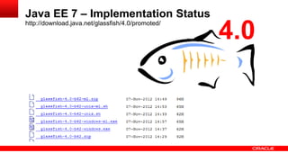 Java EE 7 – Implementation Status
                                                   4.0
http://download.java.net/glassfish/4.0/promoted/
 