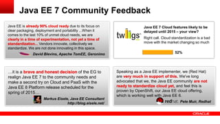 Java EE 7 Community Feedback
Java EE is already 90% cloud ready due to its focus on                    Java EE 7 Cloud features likely to be
clear packaging, deployment and portability ...When it                    delayed until 2015 – your view?
comes to the last 10% of unmet cloud needs, we are
clearly in a time of experimentation, not yet a time of                   Right call. Cloud standardization is a bad
standardization... Vendors innovate, collectively we                      move with the market changing so much
standardize. We are not done innovating in this space.
               David Blevins, Apache TomEE, Geronimo                                         52%




…it is a brave and honest decision of the EG to             Speaking as a Java EE implementer, we (Red Hat)
realign Java EE 7 to the community needs and                are very much in support of this. We've long
make a second try on Cloud and PaaS with the                advocated that we, the Java EE community are not
Java EE 8 Platform release scheduled for the                ready to standardize cloud yet, and feel this is
spring of 2015…                                             proven by OpenShift, our Java EE cloud offering,
                                                            which is working well with Java EE 6.
                     Markus Eisele, Java EE Consultant
                                  http://blog.eisele.net/                                        Pete Muir, Redhat
 