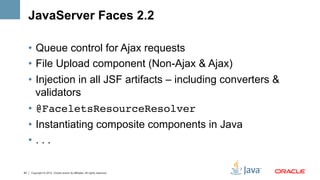JavaServer Faces 2.2

     •  Queue control for Ajax requests
     •  File Upload component (Non-Ajax & Ajax)
     •  Injection in all JSF artifacts – including converters &
        validators
     •  @FaceletsResourceResolver!
     •  Instantiating composite components in Java
     •  . . .

40   Copyright © 2012, Oracle and/or its affiliates. All rights reserved.
 