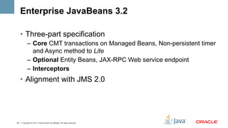 Enterprise JavaBeans 3.2

     •  Three-part specification
           –  Core CMT transactions on Managed Beans, Non-persistent timer
              and Async method to Lite
           –  Optional Entity Beans, JAX-RPC Web service endpoint
           –  Interceptors
     •  Alignment with JMS 2.0




42   Copyright © 2012, Oracle and/or its affiliates. All rights reserved.
 