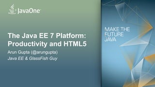 The Java EE 7 Platform:
Productivity and HTML5
Arun Gupta (@arungupta)
Java EE & GlassFish Guy




  1   Copyright © 2012, Oracle and/or its affiliates. All rights reserved.
 