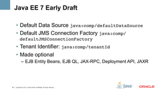 Java EE 7 Early Draft

     •  Default Data Source java:comp/defaultDataSource!
     •  Default JMS Connection Factory java:comp/
           defaultJMSConnectionFactory!
     •  Tenant Identifier: java:comp/tenantId!
     •  Made optional
              –  EJB Entity Beans, EJB QL, JAX-RPC, Deployment API, JAXR




39   Copyright © 2012, Oracle and/or its affiliates. All rights reserved.
 