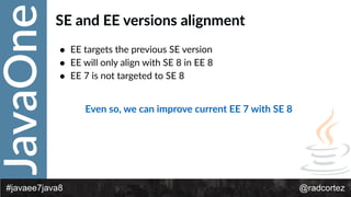 JavaOne
@radcortez#javaee7java8
SE  and  EE  versions  alignment
• EE  targets  the  previous  SE  version  
• EE  will  only  align  with  SE  8  in  EE  8  
• EE  7  is  not  targeted  to  SE  8
Even  so,  we  can  improve  current  EE  7  with  SE  8
 