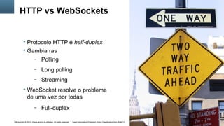 HTTP vs WebSockets

 Protocolo HTTP é half-duplex
 Gambiarras
–

Polling

–

Long polling

–

Streaming

 WebSocket resolve o problema

de uma vez por todas
–

Full-duplex

8Copyright © 2012, Oracle and/or its affiliates. All rights reserved.

Insert Information Protection Policy Classification from Slide 13

 