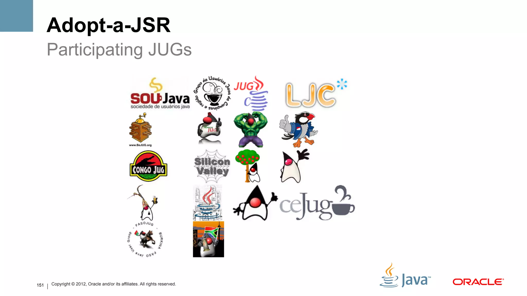 Adopt-a-JSR
      Participating JUGs




151   Copyright © 2012, Oracle and/or its affiliates. All rights reserved.
 