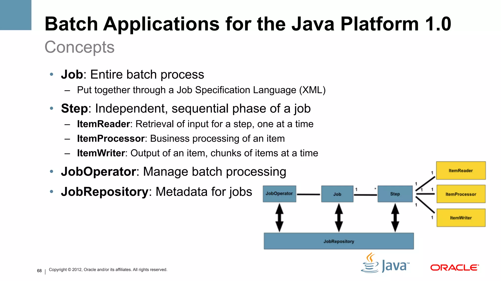 Batch Applications for the Java Platform 1.0
     Concepts
     •  Job: Entire batch process
             –  Put together through a Job Specification Language (XML)

     •  Step: Independent, sequential phase of a job
             –  ItemReader: Retrieval of input for a step, one at a time
             –  ItemProcessor: Business processing of an item
             –  ItemWriter: Output of an item, chunks of items at a time

     •  JobOperator: Manage batch processing
     •  JobRepository: Metadata for jobs




68   Copyright © 2012, Oracle and/or its affiliates. All rights reserved.
 