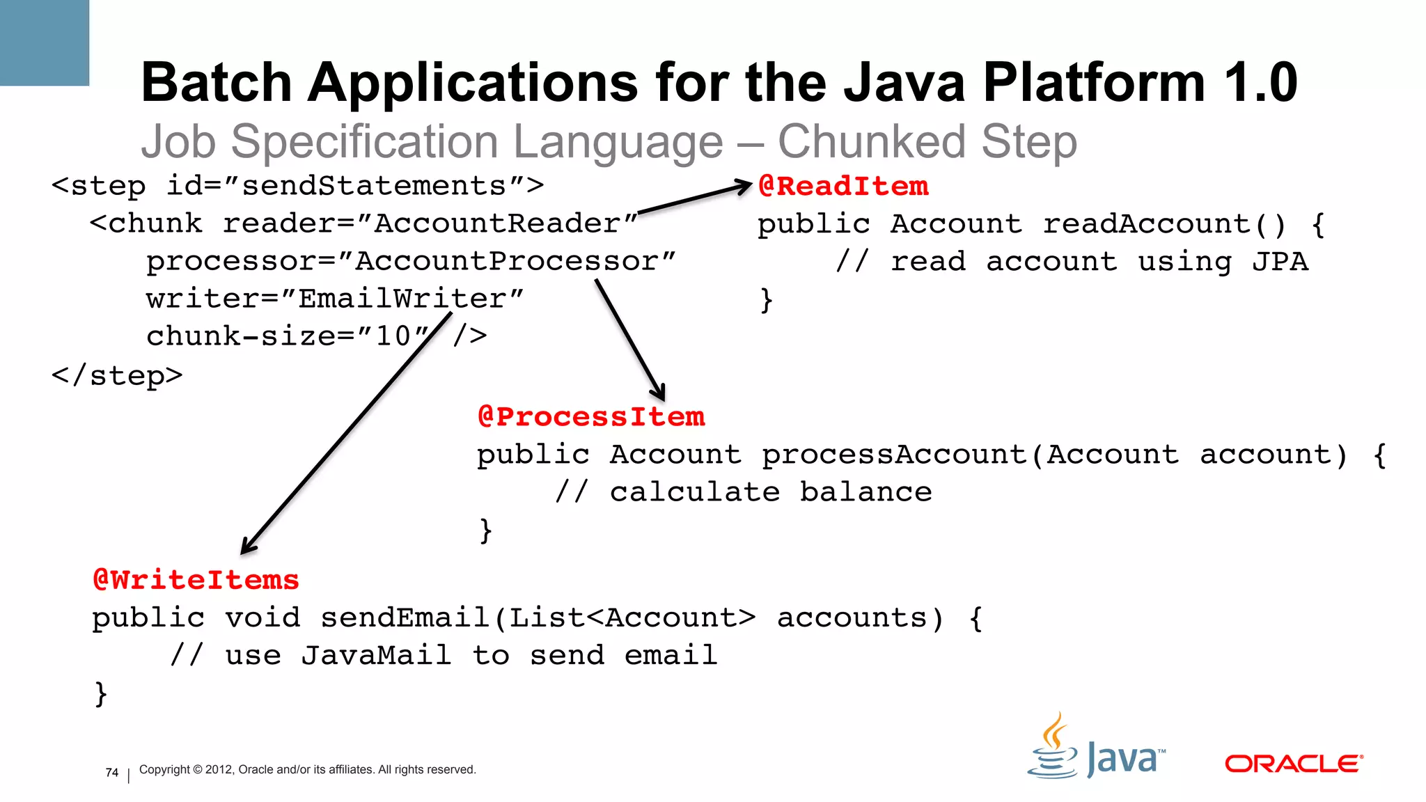 Batch Applications for the Java Platform 1.0
       Job Specification Language – Chunked Step
<step id=”sendStatements”>!           @ReadItem 
  <chunk reader=”AccountReader”!      public Account readAccount() { 
     processor=”AccountProcessor”         // read account using JPA!
     writer=”EmailWriter”!            }!
     chunk-size=”10” />!              !
</step>!
                      @ProcessItem#
                      public Account processAccount(Account account) { 
                           // calculate balance!
                      }!
  @WriteItems#        !
  public void sendEmail(List<Account> accounts) { 
      // use JavaMail to send email!
  }!
  !
  74   Copyright © 2012, Oracle and/or its affiliates. All rights reserved.
 