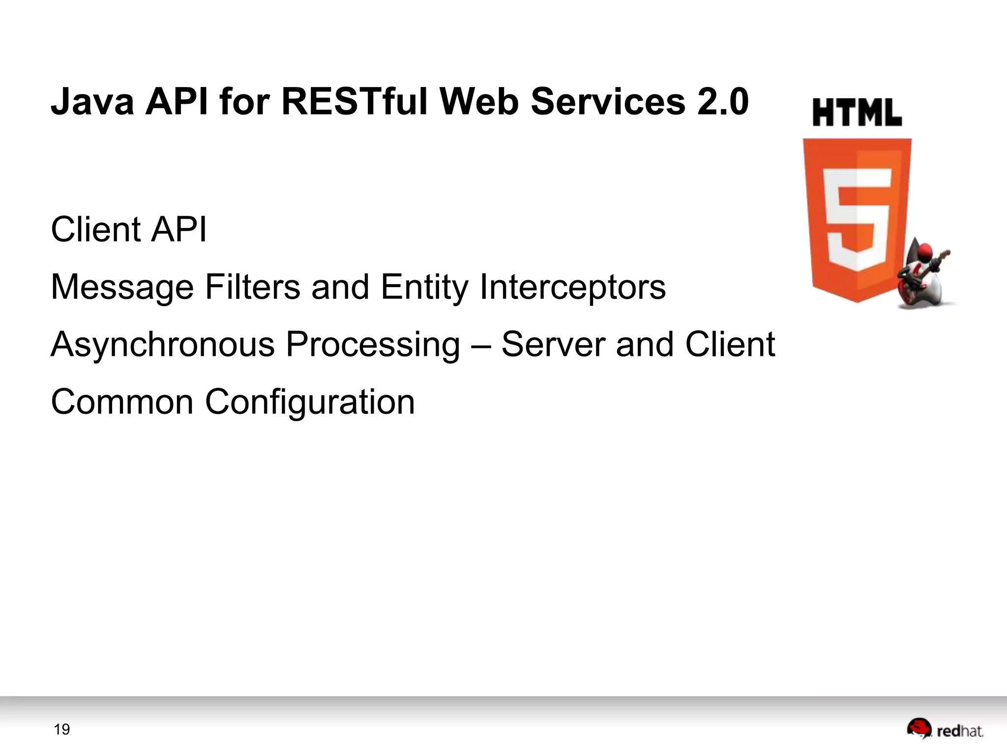 Java API for RESTful Web Services 2.0
Client API
Message Filters and Entity Interceptors
Asynchronous Processing – Server and Client

Common Configuration

19

 