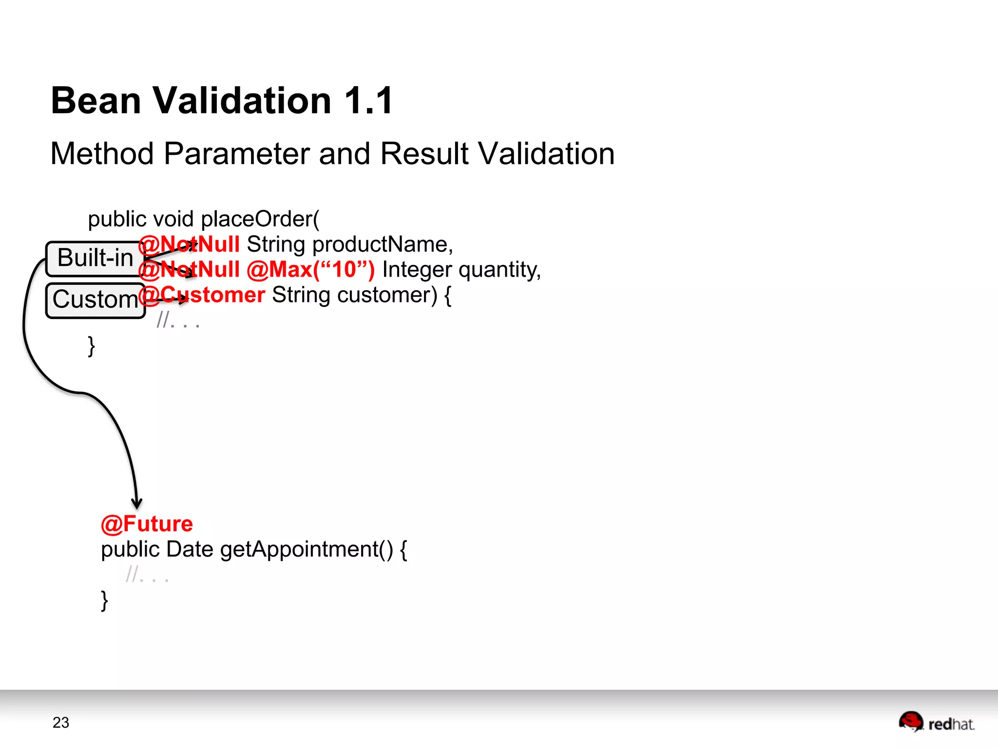 Bean Validation 1.1
Method Parameter and Result Validation
public void placeOrder(
@NotNull String productName,
Built-in @NotNull @Max(“10”) Integer quantity,
Custom@Customer String customer) {
//. . .
}

@Future
public Date getAppointment() {
//. . .
}

23

 