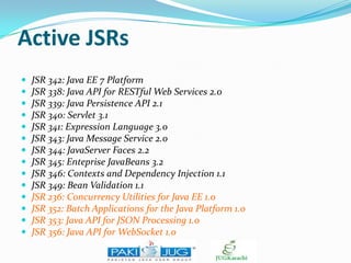 Active JSRs















JSR 342: Java EE 7 Platform
JSR 338: Java API for RESTful Web Services 2.0
JSR 339: Java Persistence API 2.1
JSR 340: Servlet 3.1
JSR 341: Expression Language 3.0
JSR 343: Java Message Service 2.0
JSR 344: JavaServer Faces 2.2
JSR 345: Enteprise JavaBeans 3.2
JSR 346: Contexts and Dependency Injection 1.1
JSR 349: Bean Validation 1.1
JSR 236: Concurrency Utilities for Java EE 1.0
JSR 352: Batch Applications for the Java Platform 1.0
JSR 353: Java API for JSON Processing 1.0
JSR 356: Java API for WebSocket 1.0

 