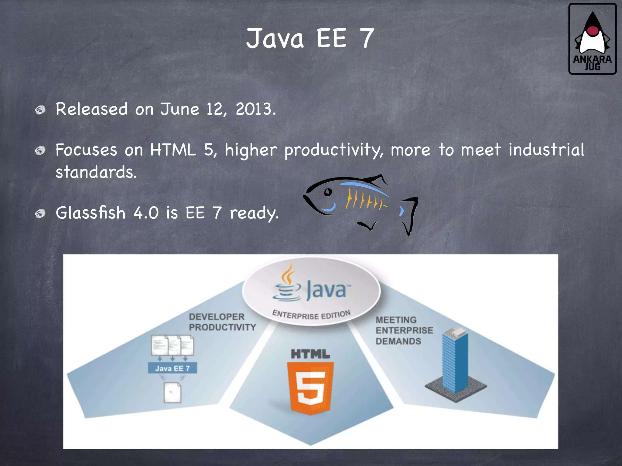 Released on June 12, 2013.
Focuses on HTML 5, higher productivity, more to meet industrial
standards.
Glassfish 4.0 is EE 7 ready.
Java EE 7
 
