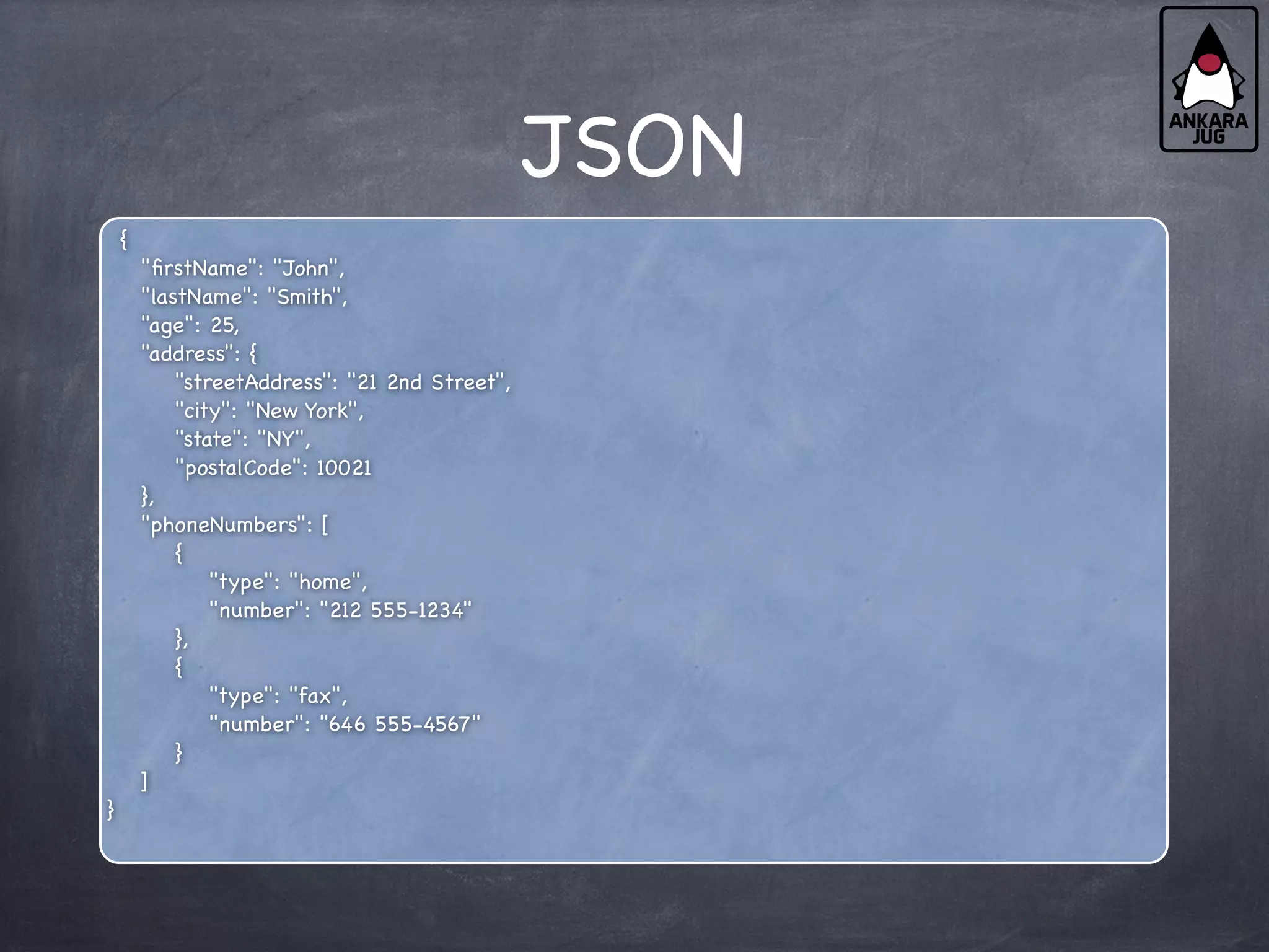 JSON
{
"firstName": "John",
"lastName": "Smith",
"age": 25,
"address": {
"streetAddress": "21 2nd Street",
"city": "New York",
"state": "NY",
"postalCode": 10021
},
"phoneNumbers": [
{
"type": "home",
"number": "212 555-1234"
},
{
"type": "fax",
"number": "646 555-4567"
}
]
}
 