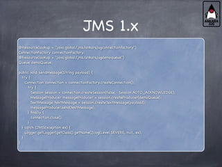 JMS 1.x
@Resource(lookup = "java:global/jms/ankarajugconnectionfactory")
ConnectionFactory connectionFactory;
@Resource(lookup = "java:global/jms/ankarajugdemoqueue")
Queue demoQueue;
public void sendMessage(String payload) {
try {
Connection connection = connectionFactory.createConnection();
try {
Session session = connection.createSession(false, Session.AUTO_ACKNOWLEDGE);
MessageProducer messageProducer = session.createProducer(demoQueue);
TextMessage textMessage = session.createTextMessage(payload);
messageProducer.send(textMessage);
} finally {
connection.close();
}
} catch (JMSException ex) {
Logger.getLogger(getClass().getName()).log(Level.SEVERE, null, ex);
}
}
 