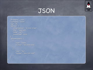 JSON
{
"firstName": "John",
"lastName": "Smith",
"age": 25,
"address": {
"streetAddress": "21 2nd Street",
"city": "New York",
"state": "NY",
"postalCode": 10021
},
"phoneNumbers": [
{
"type": "home",
"number": "212 555-1234"
},
{
"type": "fax",
"number": "646 555-4567"
}
]
}
 