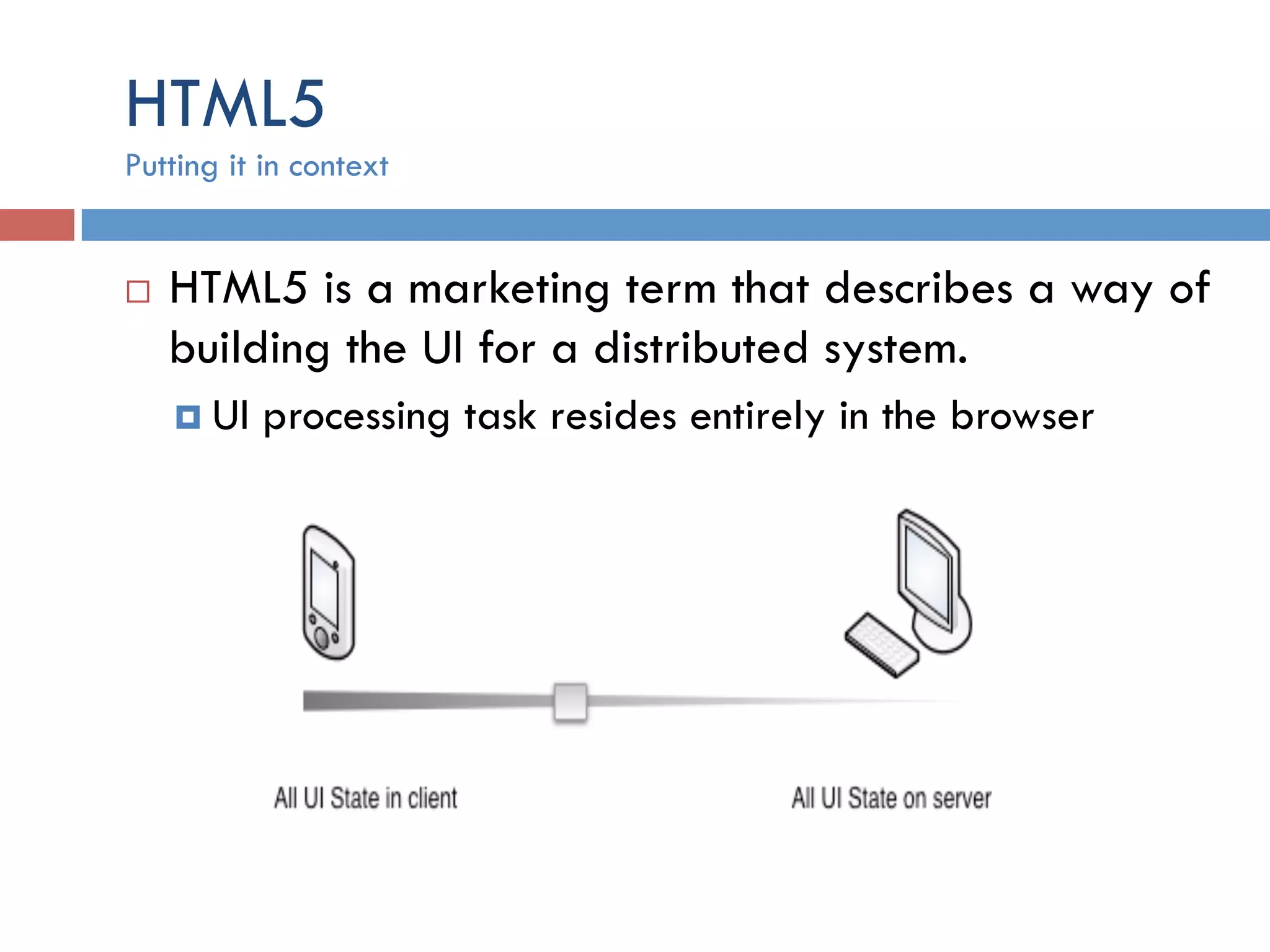 HTML5 ¨  HTML5 is a marketing term that describes a way of building the UI for a distributed system. ¤  UI processing task resides entirely in the browser Putting it in context 
