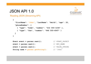 JSON API 1.0
Reading JSON (Streaming API)
{
"firstName": "John", "lastName": "Smith", "age": 25,
"phoneNumber": [
{ "type": "home", "number": "212 555-1234" },
{ "type": "fax", "number": "646 555-4567" }
]
}
Event event = parser.next();

// START_OBJECT

event = parser.next();

// KEY_NAME

event = parser.next();

// VALUE_STRING

String name = parser.getString();

// "John”

 