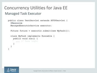 Copyright © 2015, Oracle and/or its affiliates. All rights reserved. |
Concurrency Utilities for Java EE
Managed Task Executor
public class TestServlet extends HTTPServlet {
@Resource
ManagedExecutorService executor;
Future future = executor.submit(new MyTask());
class MyTask implements Runnable {
public void run() {
... // Task logic
}
}
}
Public
 