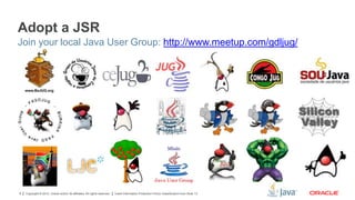 Copyright © 2012, Oracle and/or its affiliates. All rights reserved. Insert Information Protection Policy Classification from Slide 138
Adopt a JSR
Join your local Java User Group: http://www.meetup.com/gdljug/
 