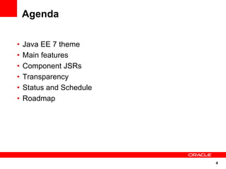 Agenda

•   Java EE 7 theme
•   Main features
•   Component JSRs
•   Transparency
•   Status and Schedule
•   Roadmap




...