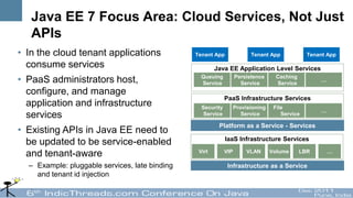 Java EE 7 Focus Area: Cloud Services, Not Just
   APIs
• In the cloud tenant applications              Tenant App               Tenant App              Tenant App

  consume services                                      Java EE Application Level Services
• PaaS administrators host,                       Queuing
                                                  Service
                                                                   Persistence
                                                                     Service
                                                                                    Caching
                                                                                     Service
                                                                                                     …

  configure, and manage
                                                             PaaS Infrastructure Services
  application and infrastructure                  Security         Provisioning    File
                                                                                                     …
  services                                         Service            Service         Service

                                                         Platform as a Service - Services
• Existing APIs in Java EE need to
                                                             IaaS Infrastructure Services
  be updated to be service-enabled
                                                 Virt        VIP       VLAN       Volume       LBR       …
  and tenant-aware
  – Example: pluggable services, late binding                 Infrastructure as a Service
    and tenant id injection
 