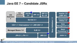 Java EE 7 – Candidate JSRs

                Web                                                            Jcache 1.0
                          JAX-RS              JSP 2.2
   CDI        Container            JSF 2.2
             Extensions     2.0                EL 3.0                          (JSR 107)
Extension




                                                        Bean Validation 1.1
    s                                                                          Concurrency
                            Servlet 3.1                                         Utilities 1.0

                                                                                  State
      CDI 1.1 / Interceptors 1.1 / JSR 250 1.1                                Management 1.0

                                                                                  Batch
Managed Beans 1.0                   EJB 3.2                                   Processing 1.0

            JPA 2.1, JTA 1.1                 JMS 2.0                             JSON 1.0
 