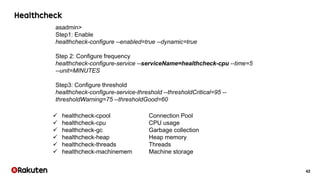 42
 healthcheck-cpool Connection Pool
 healthcheck-cpu CPU usage
 healthcheck-gc Garbage collection
 healthcheck-heap Heap memory
 healthcheck-threads Threads
 healthcheck-machinemem Machine storage
asadmin>
Step1: Enable
healthcheck-configure --enabled=true --dynamic=true
Step 2: Configure frequency
healthcheck-configure-service --serviceName=healthcheck-cpu --time=5
--unit=MINUTES
Step3: Configure threshold
healthcheck-configure-service-threshold --thresholdCritical=95 --
thresholdWarning=75 --thresholdGood=60
 