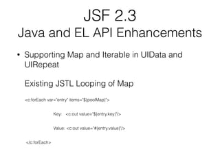 JSF 2.3
Java and EL API Enhancements
• Supporting Map and Iterable in UIData and
UIRepeat
Existing JSTL Looping of Map
<c:...