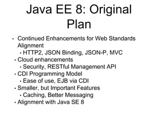 Java EE 8: Original
Plan
• Continued Enhancements for Web Standards
Alignment
• HTTP2, JSON Binding, JSON-P, MVC
• Cloud enhancements
• Security, RESTful Management API
• CDI Programming Model
• Ease of use, EJB via CDI
• Smaller, but Important Features
• Caching, Better Messaging
• Alignment with Java SE 8
 
