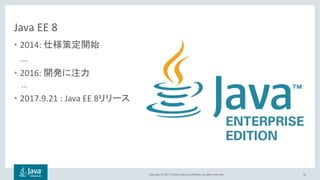 Copyright © 2017, Oracle and/or its affiliates. All rights reserved.
Java EE 8
• 2014:
...
• 2016:
...
• 2017.9.21 : Java EE 8
12
 