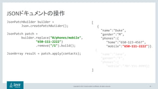 Copyright © 2017, Oracle and/or its affiliates. All rights reserved. 26
JsonPatchBuilder builder =
Json.createPatchBuilder();
JsonPatch patch =
builder.replace("0/phones/mobile",
"650-111-2222")
.remove("/1").build();
JsonArray result = patch.apply(contacts);
JSON
[
{
"name":"Duke",
"gender":"M",
"phones":{
"home":"650-123-4567",
"mobile":"650-111-2222"}},
{
"name":"Jane",
"gender":"F",
"phones":{
"mobile":"707-555-9999}}
]
 