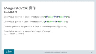 Copyright © 2017, Oracle and/or its affiliates. All rights reserved.
MergePatch
JsonValue source = Json.createValue("{¥"color¥":¥"blue¥"}");
JsonValue patch = Json.createValue("{¥"color¥":¥"red¥"}");
JsonMergePatch mergePatch = Json.createMergePatch(patch);
JsonValue result = mergePatch.apply(source);
// {"color":"red"}
28
Patch
 