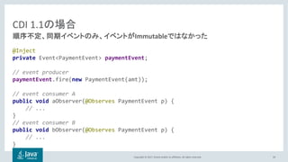 Copyright © 2017, Oracle and/or its affiliates. All rights reserved.
CDI 1.1
@Inject
private Event<PaymentEvent> paymentEvent;
// event producer
paymentEvent.fire(new PaymentEvent(amt));
// event consumer A
public void aObserver(@Observes PaymentEvent p) {
// ...
}
// event consumer B
public void bObserver(@Observes PaymentEvent p) {
// ...
}
59
Immutable
 