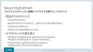 Copyright © 2017, Oracle and/or its affiliates. All rights reserved.
SecurityContext
•
– authenticate()
– getCallerPrincipal(), getPrincipalsByType()
– isCallerinRole()
– hasAccessToWebResource()
•
– HttpServletRequest.getUserPrincipal()
HttpServletRequest.isUserInRole()
– EJBContext.getCallerPrincipal()
EJBContext.isCallerInRole()
79
 
