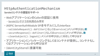 Copyright © 2017, Oracle and/or its affiliates. All rights reserved.
HttpAuthenticationMechanism
• Web Caller
– Servlet
• JASPIC ServerAuthModule SPI Interface
– validateRequest() : doFilter() service()
– secureResponse() : doFilter() service()
– cleanSubject() : logout()
•
• IdentityStore
80
Servlet
 