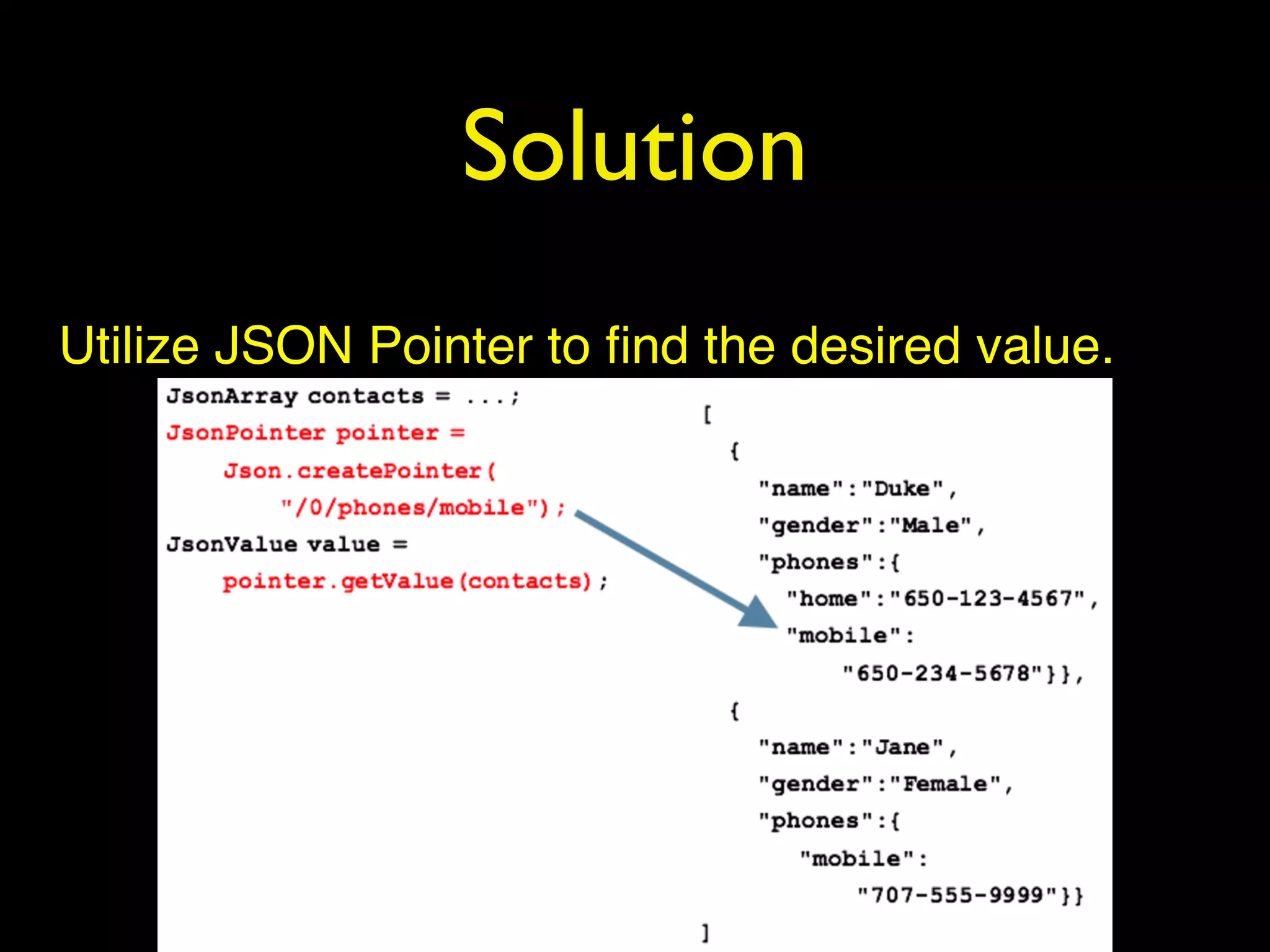 Solution
Utilize JSON Pointer to ﬁnd the desired value.
 