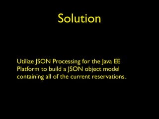 Solution
Utilize JSON Processing for the Java EE
Platform to build a JSON object model
containing all of the current reservations.
 