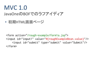 MVC 1.0 
JavaOneのBOFでのラフアイディア 
• 初期HTML画面ページ 
<form action=”/rough-example/form1a.jsp”> 
<input id="input1" value="#{roughExampleBean.value}"/> 
<input id="submit" type="submit" value="Submit"/> 
</form> 
 